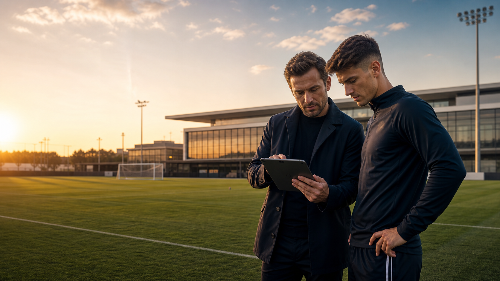 Un joueur de football et son conseiller analysent une tablette au bord d'un terrain d'entraînement moderne.